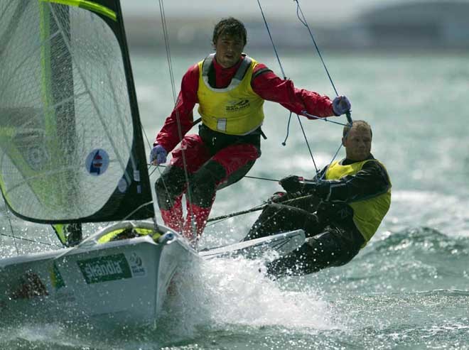 Nathen Outteridge and Iain Jensen, (AUS) Gold medal winners racing in the 49er class on the day 6 of the Skandia Sail for Gold Regatta, in Weymouth and Portland, the 2012 Olympic venue. © onEdition http://www.onEdition.com